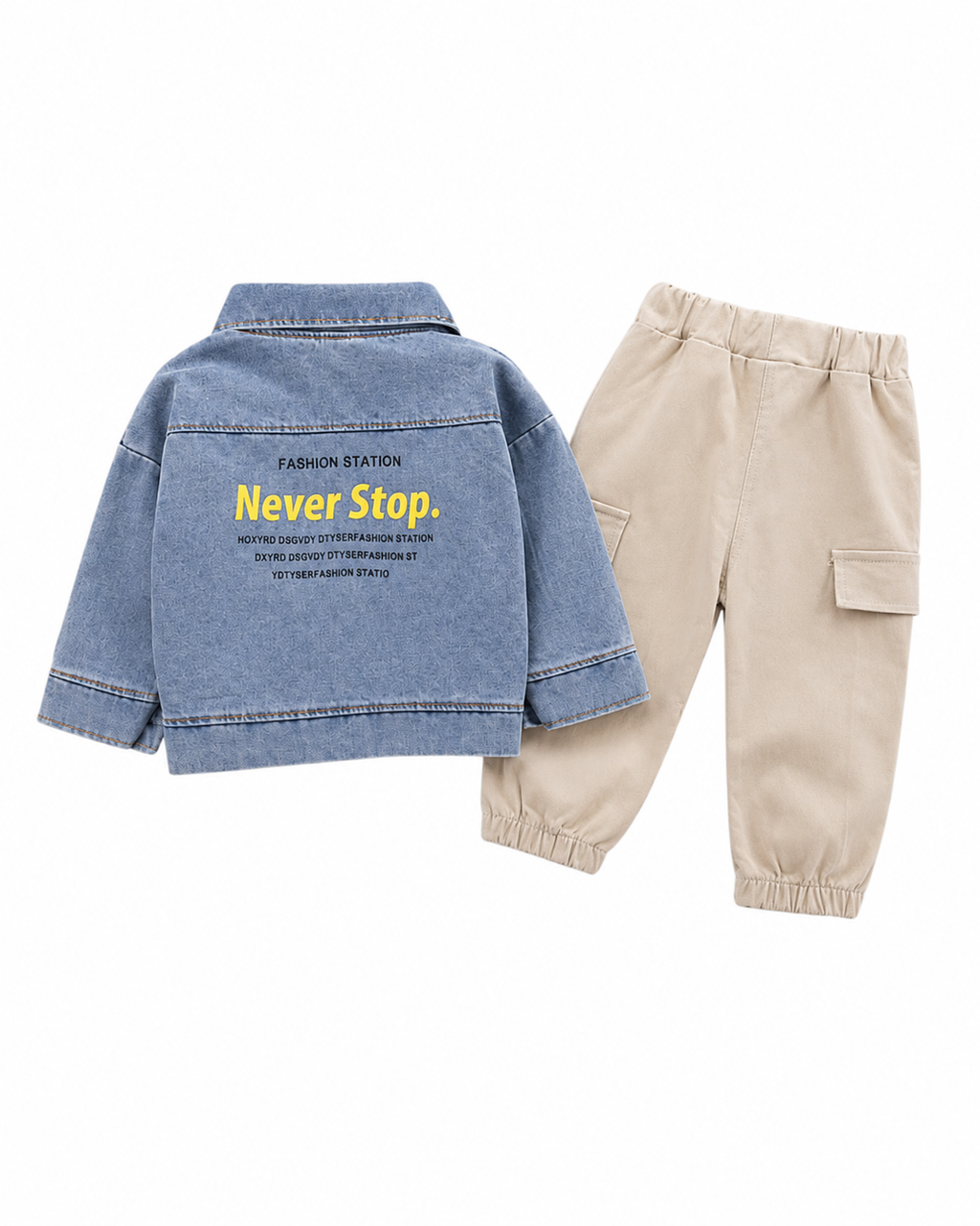 Casual Denim Jacket, Turtleneck Top, and Cargo Pants  Boy's Set