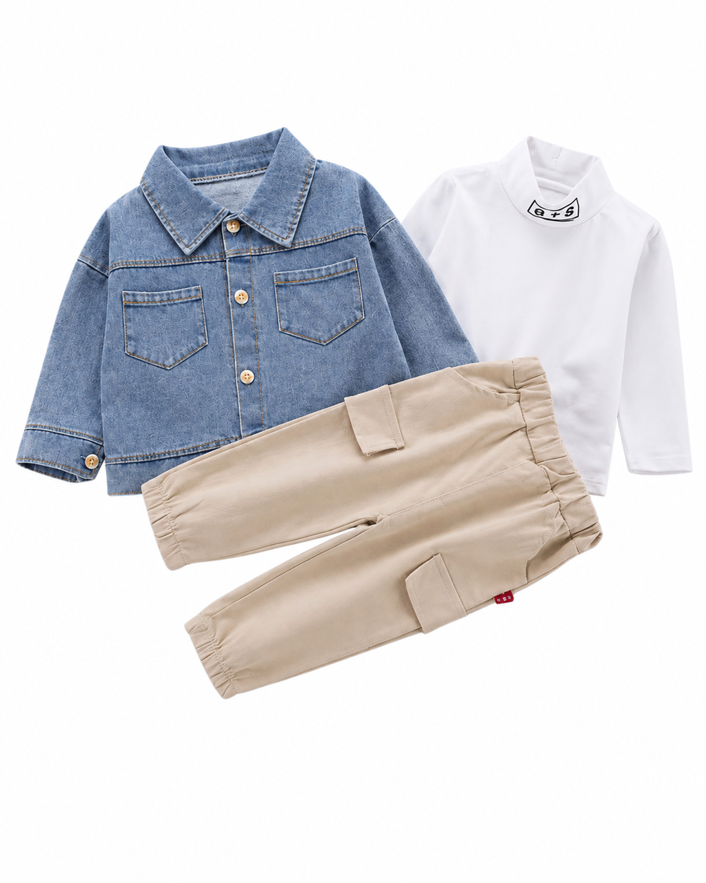 Casual Denim Jacket, Turtleneck Top, and Cargo Pants  Boy's Set