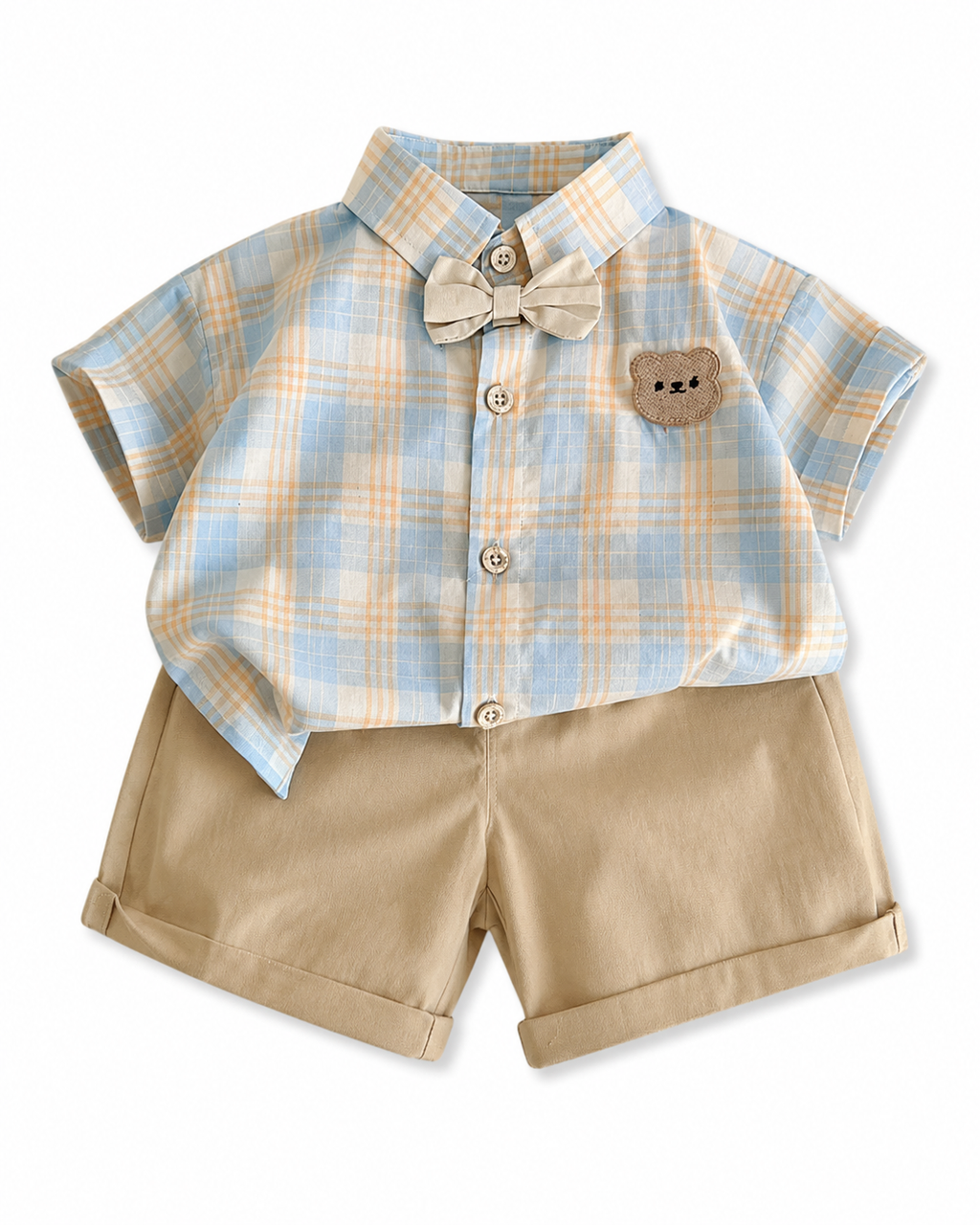 Plaid Bow Shirt & Khaki Shorts Boy's Set