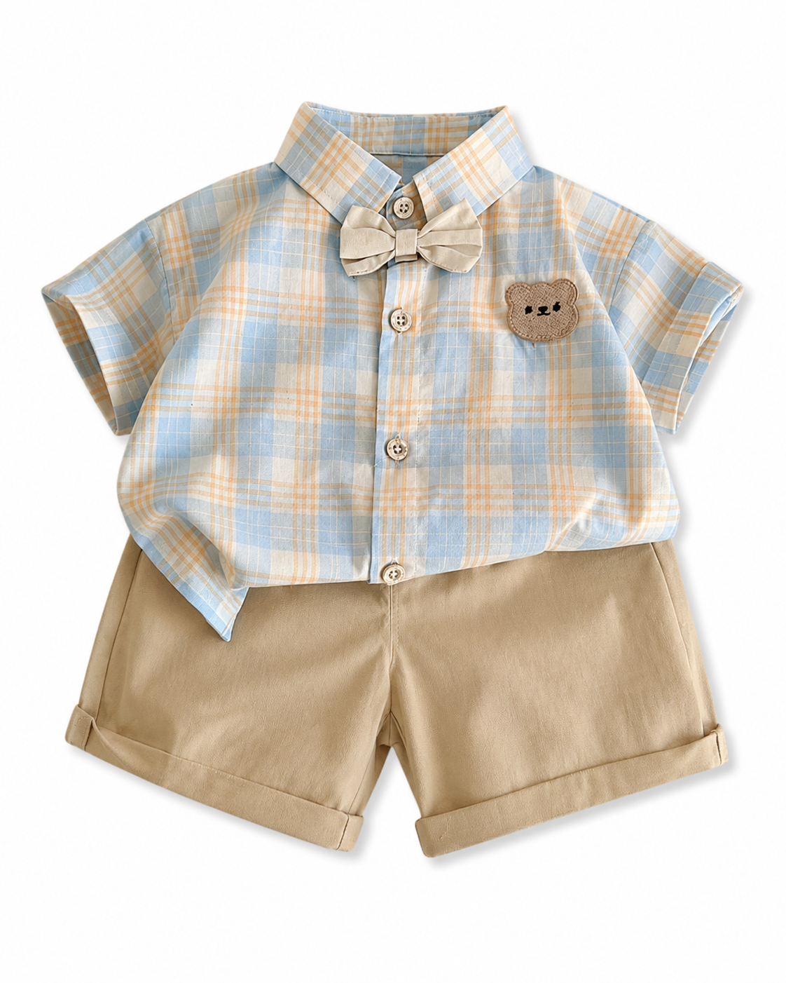 Plaid Bow Shirt & Khaki Shorts Boy's Set