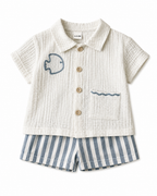 Embroidered Fish Top & Striped Shorts Boy's Set