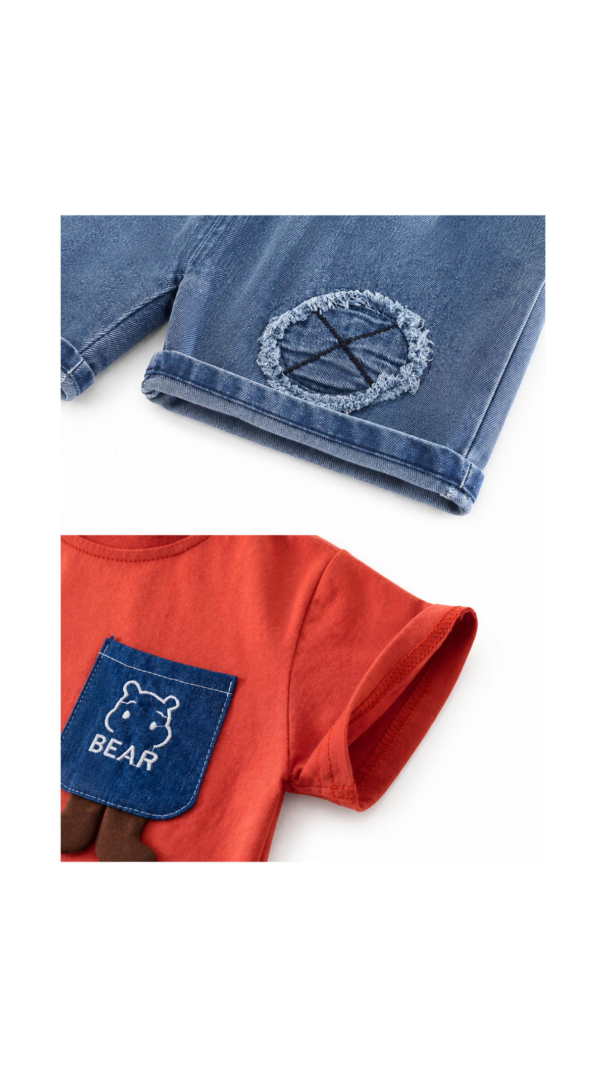 Bear Pocket T-Shirt & Patchwork Denim Shorts Boy's Set