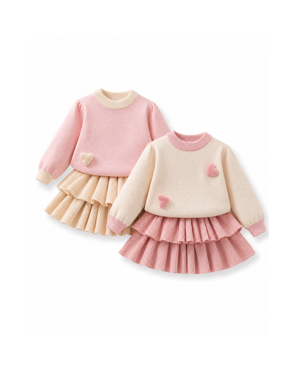 Heart-Detail Knitted Sweater & Tiered Skirt Girl's Set