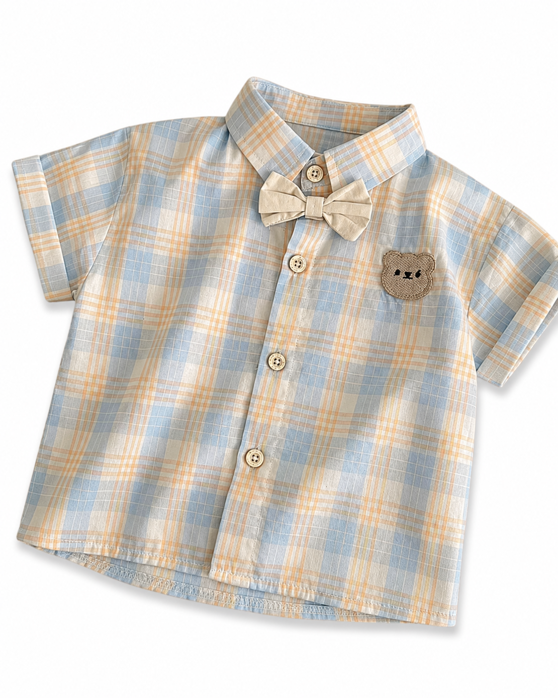 Plaid Bow Shirt & Khaki Shorts Boy's Set