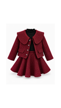 Burgundy Textured Jacket & Flared Skirt Girl's Set