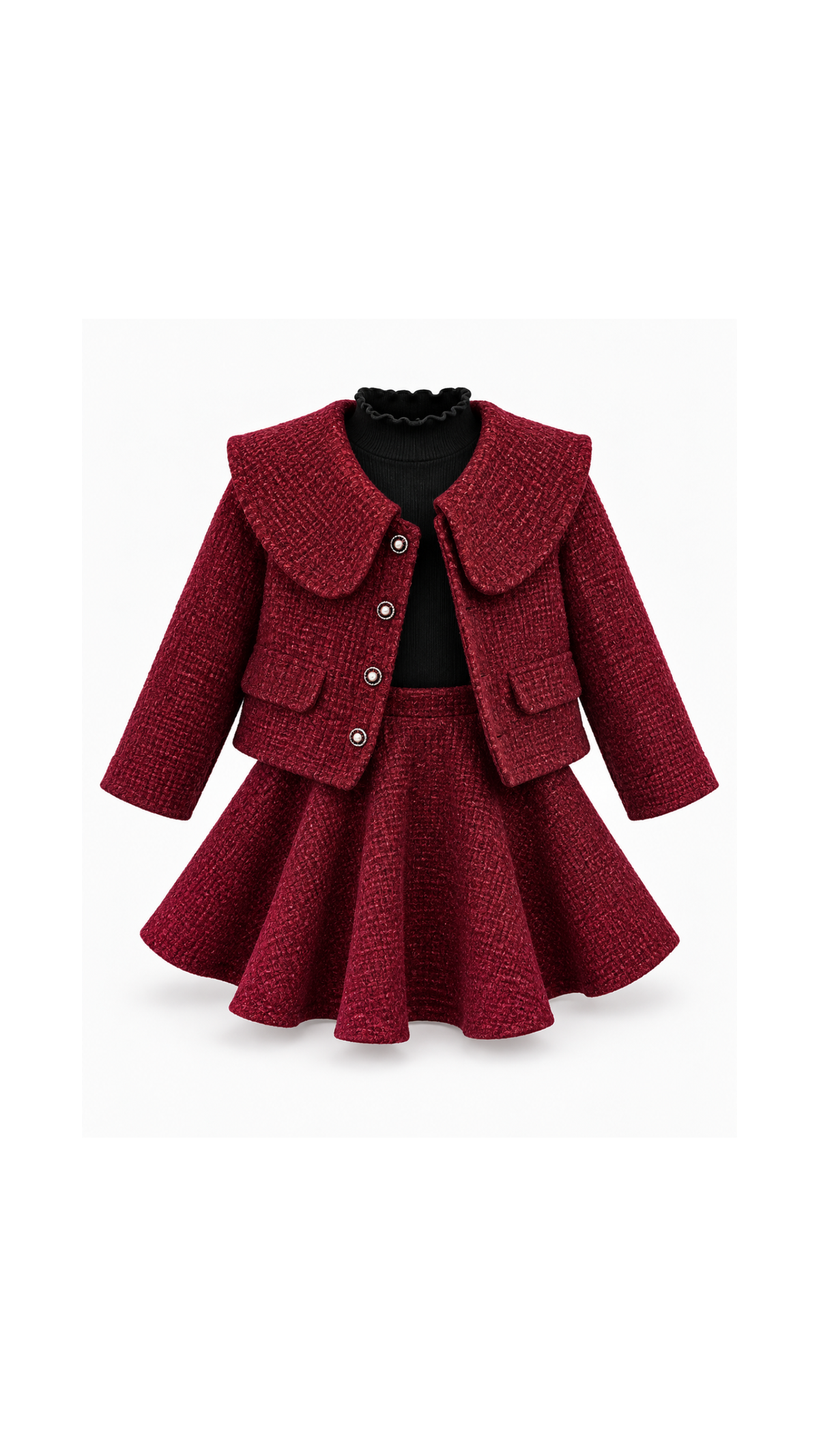 Burgundy Textured Jacket & Flared Skirt Girl's Set