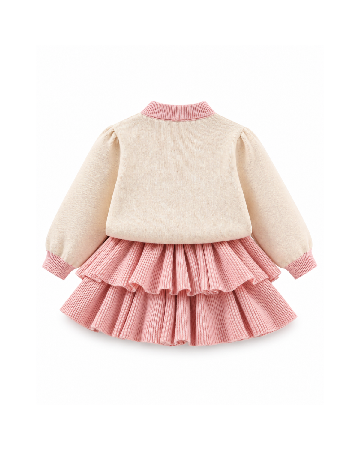 Heart-Detail Knitted Sweater & Tiered Skirt Girl's Set