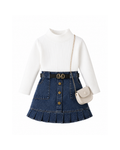 Ribbed Top & Pleated Denim Skirt Girl's Set