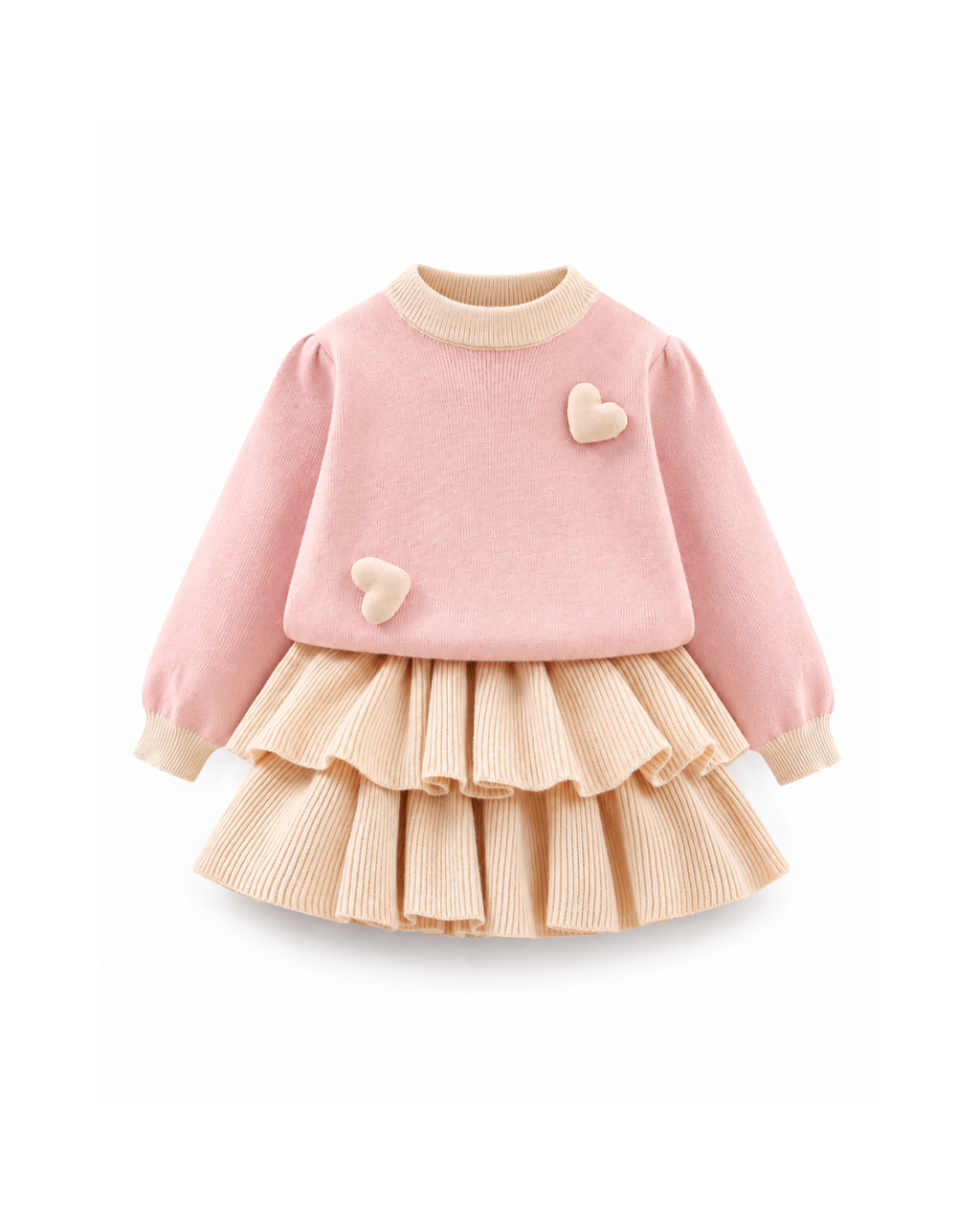 Heart-Detail Knitted Sweater & Tiered Skirt Girl's Set