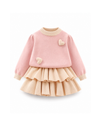 Heart-Detail Knitted Sweater & Tiered Skirt Girl's Set