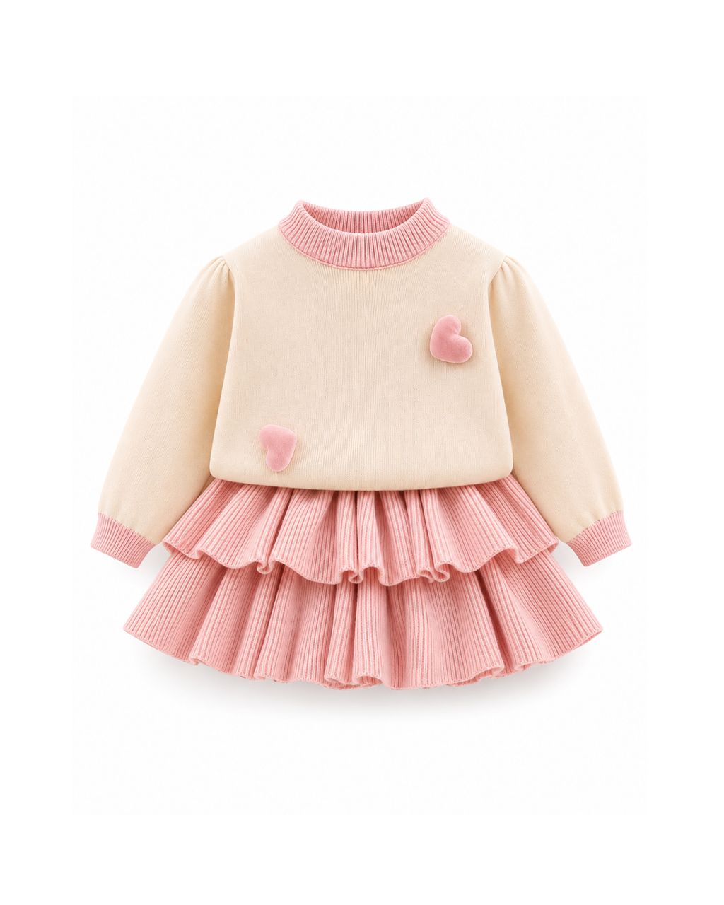 Heart-Detail Knitted Sweater & Tiered Skirt Girl's Set