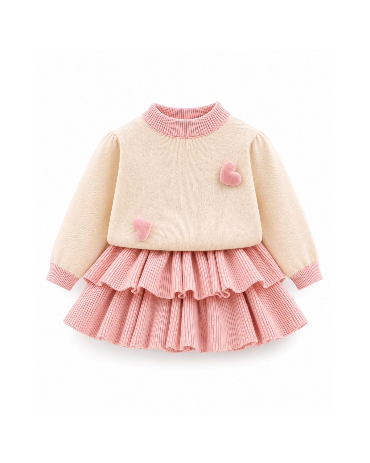 Heart-Detail Knitted Sweater & Tiered Skirt Girl's Set