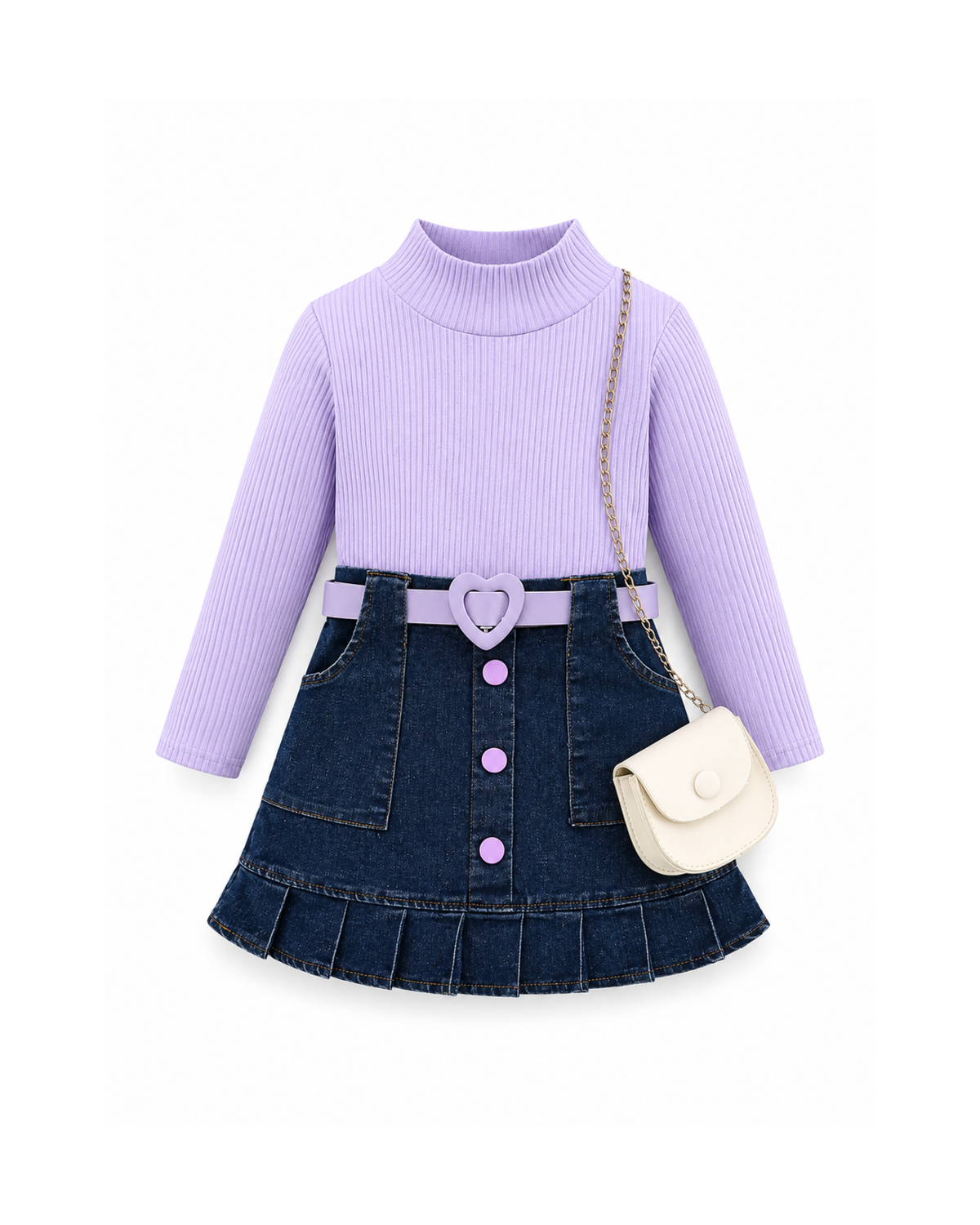 Ribbed Top & Pleated Denim Skirt Girl's Set