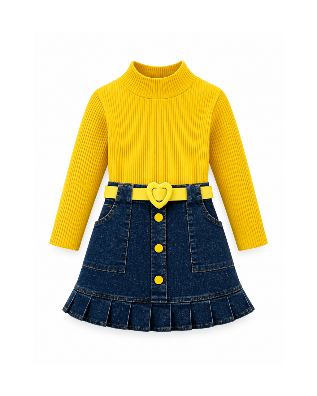 Ribbed Top & Pleated Denim Skirt Girl's Set