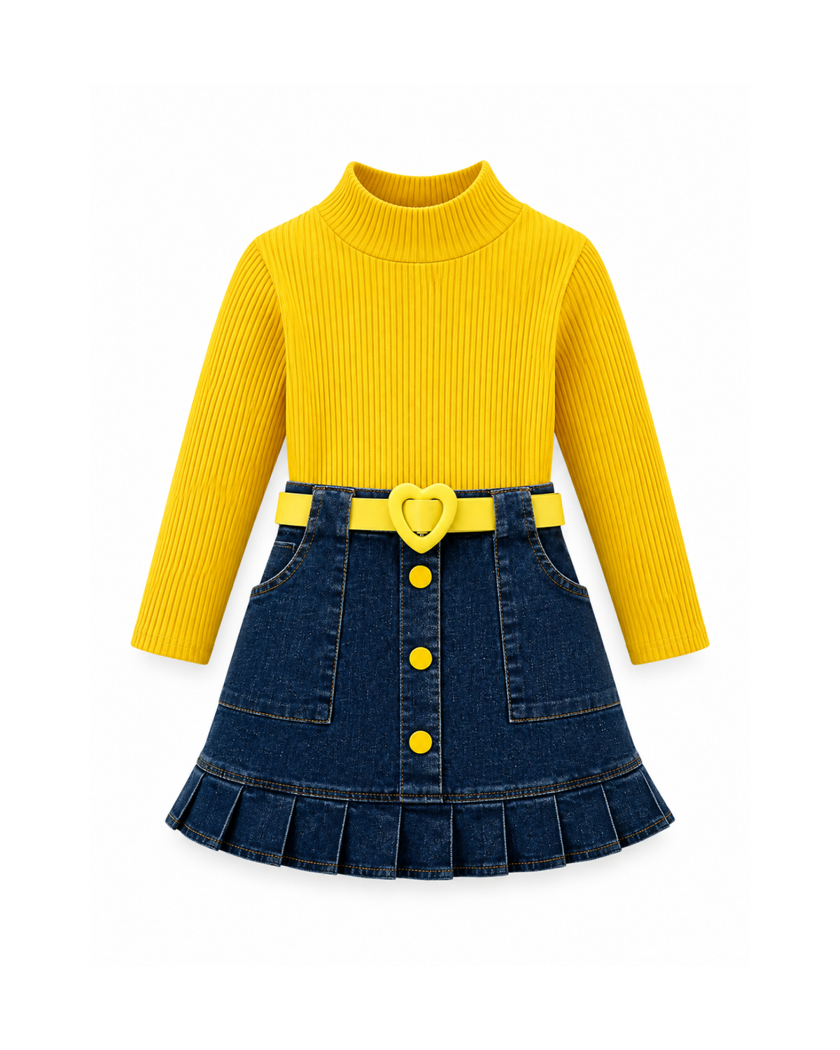 Ribbed Top & Pleated Denim Skirt Girl's Set