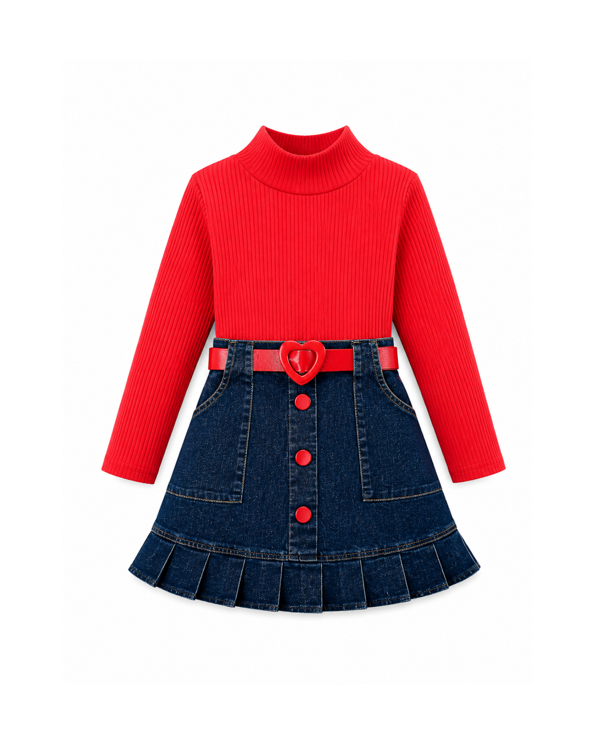 Ribbed Top & Pleated Denim Skirt Girl's Set