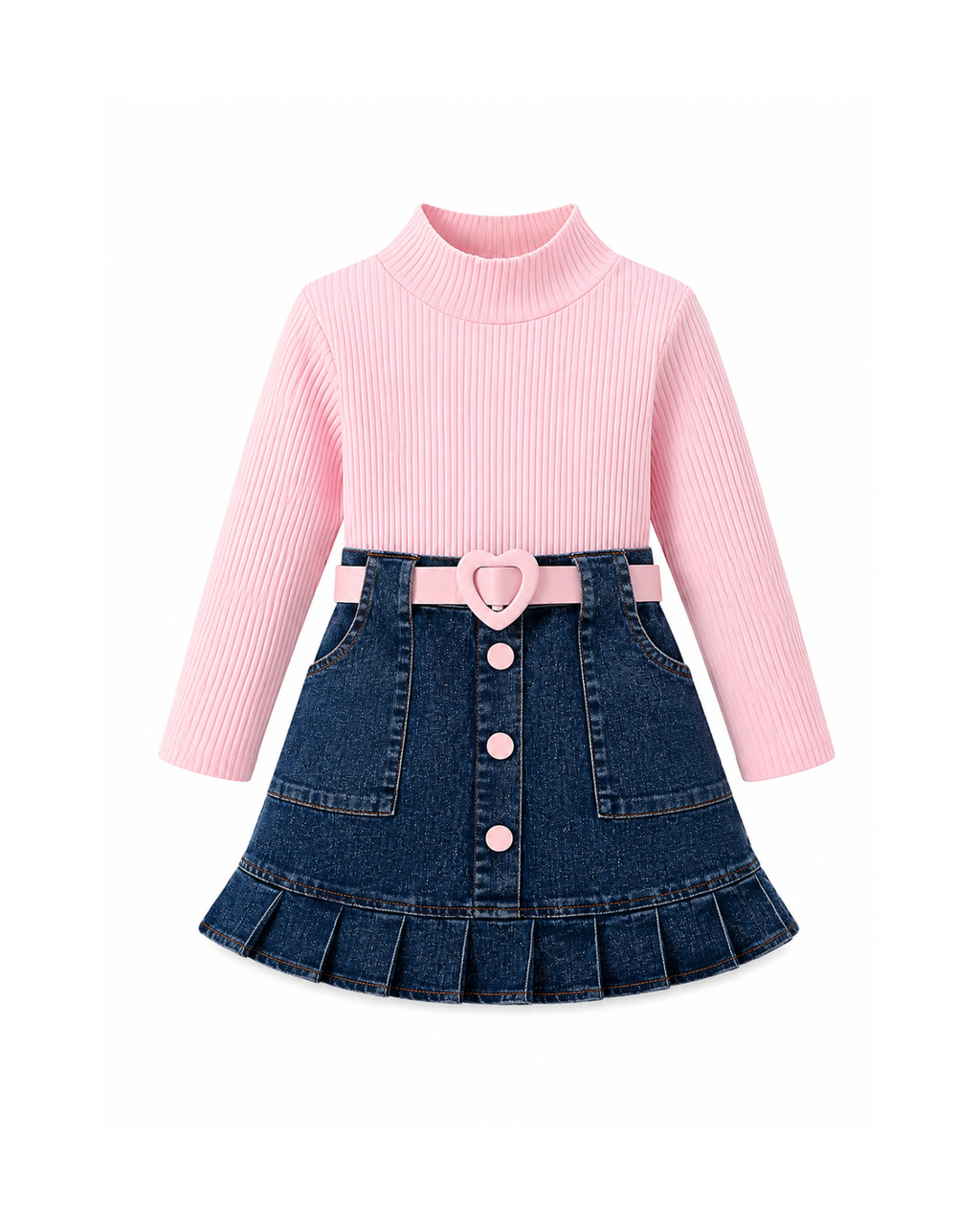 Ribbed Top & Pleated Denim Skirt Girl's Set