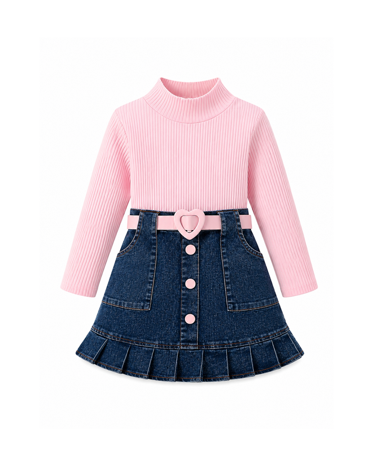 Ribbed Top & Pleated Denim Skirt Girl's Set