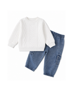 Texture Sweatshirt & Denim Cargo Joggers Girl's Set
