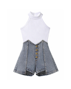 Sleek Ribbed Halter &  Denim Short Girl's Set