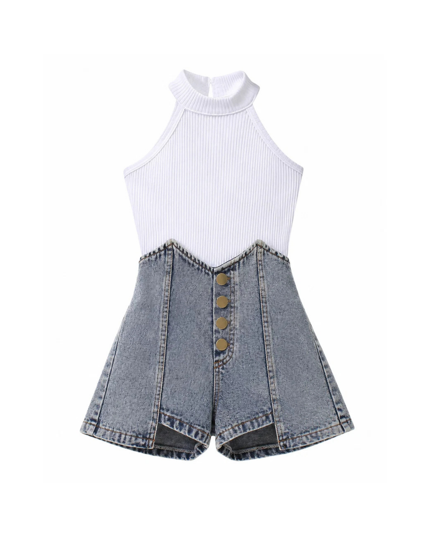 Sleek Ribbed Halter &  Denim Short Girl's Set