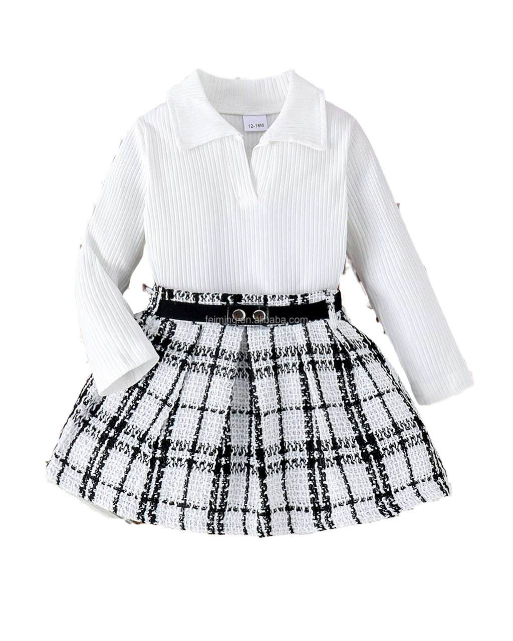 Ribbed Polo Top & Plaid Tweed Skirt Girl's Set