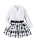 Ribbed Polo Top & Plaid Tweed Skirt Girl's Set