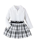 Ribbed Polo Top & Plaid Tweed Skirt Girl's Set