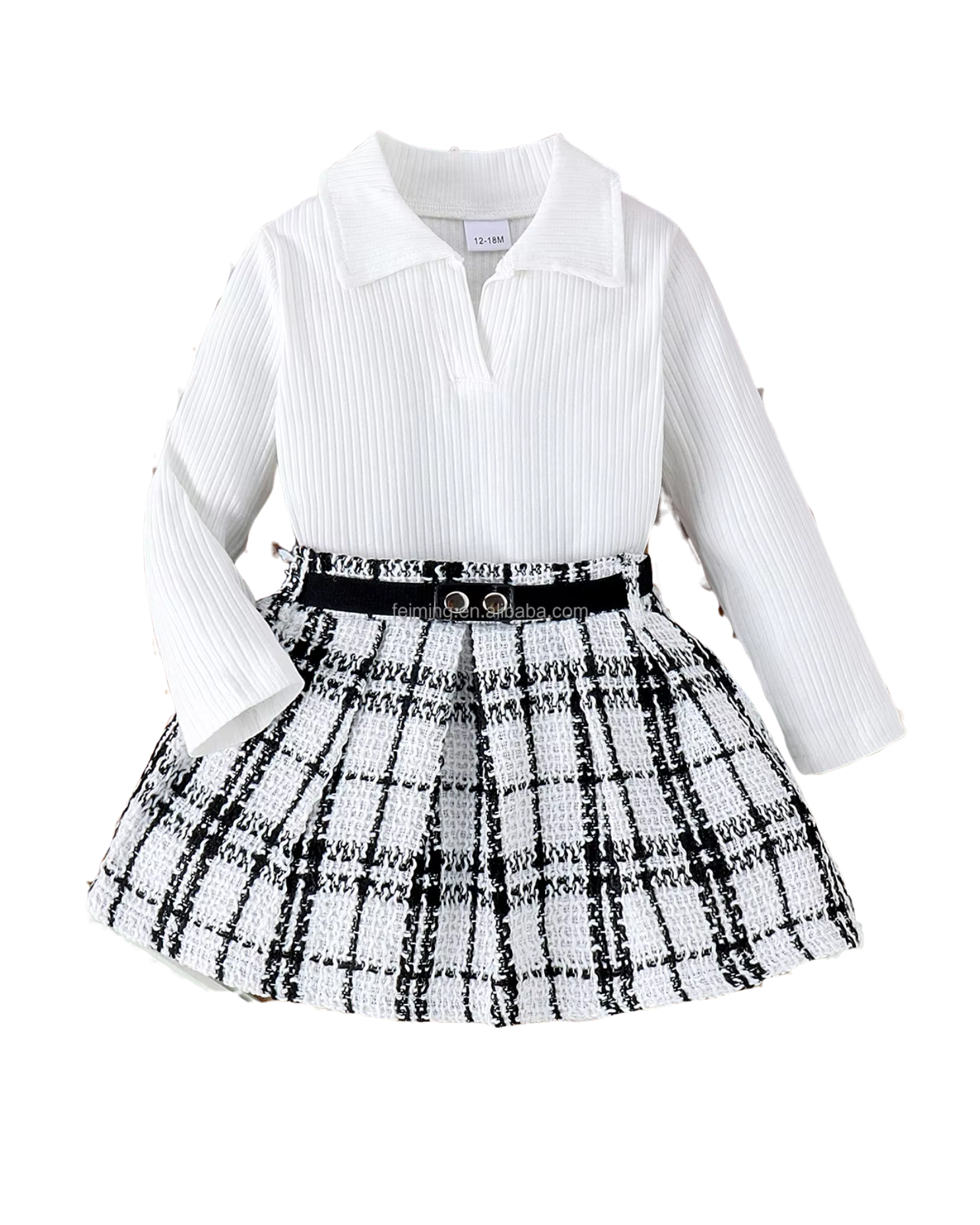 Ribbed Polo Top & Plaid Tweed Skirt Girl's Set