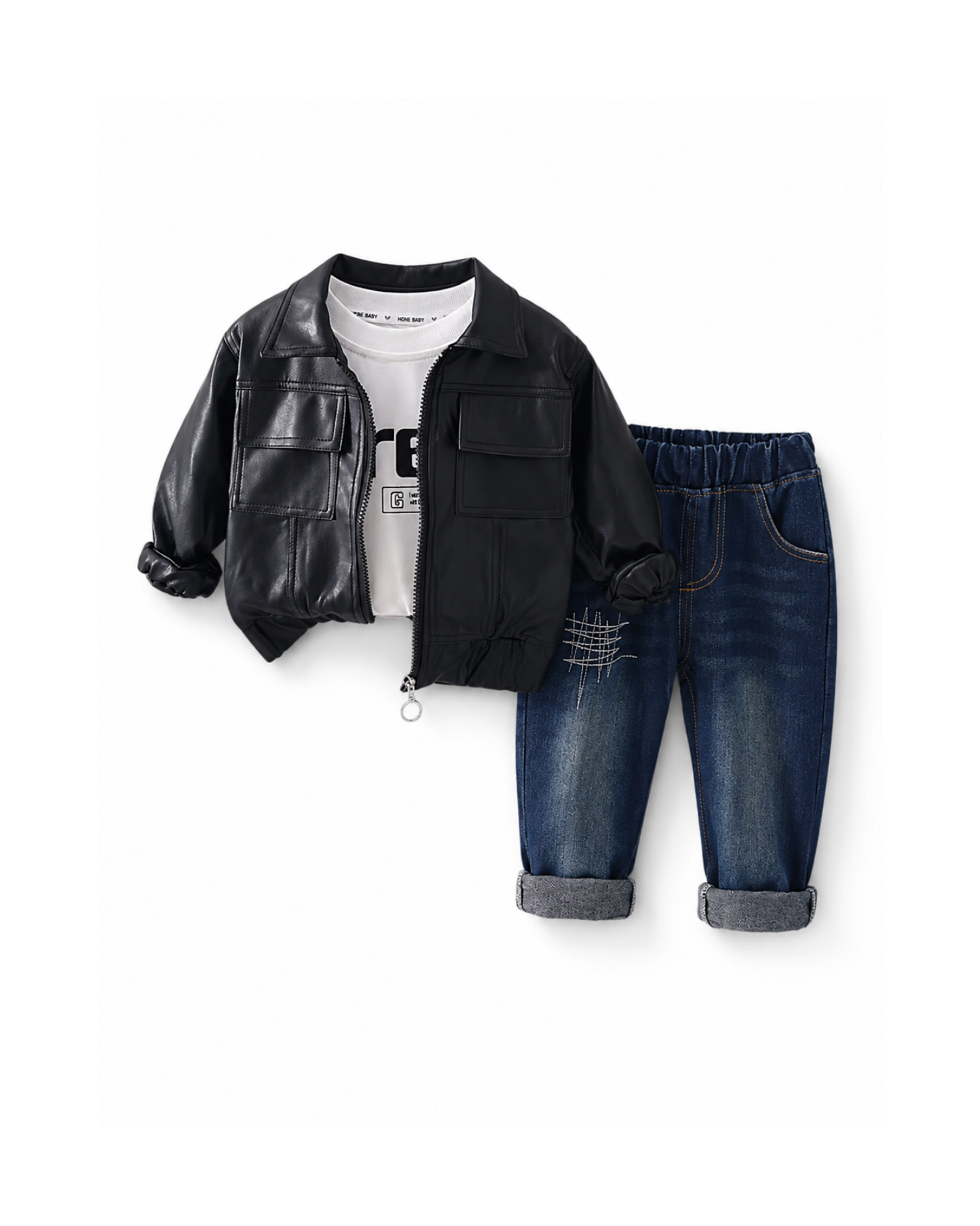 Faux-Leather Jacket & Denim Three-Piece Boy's Set