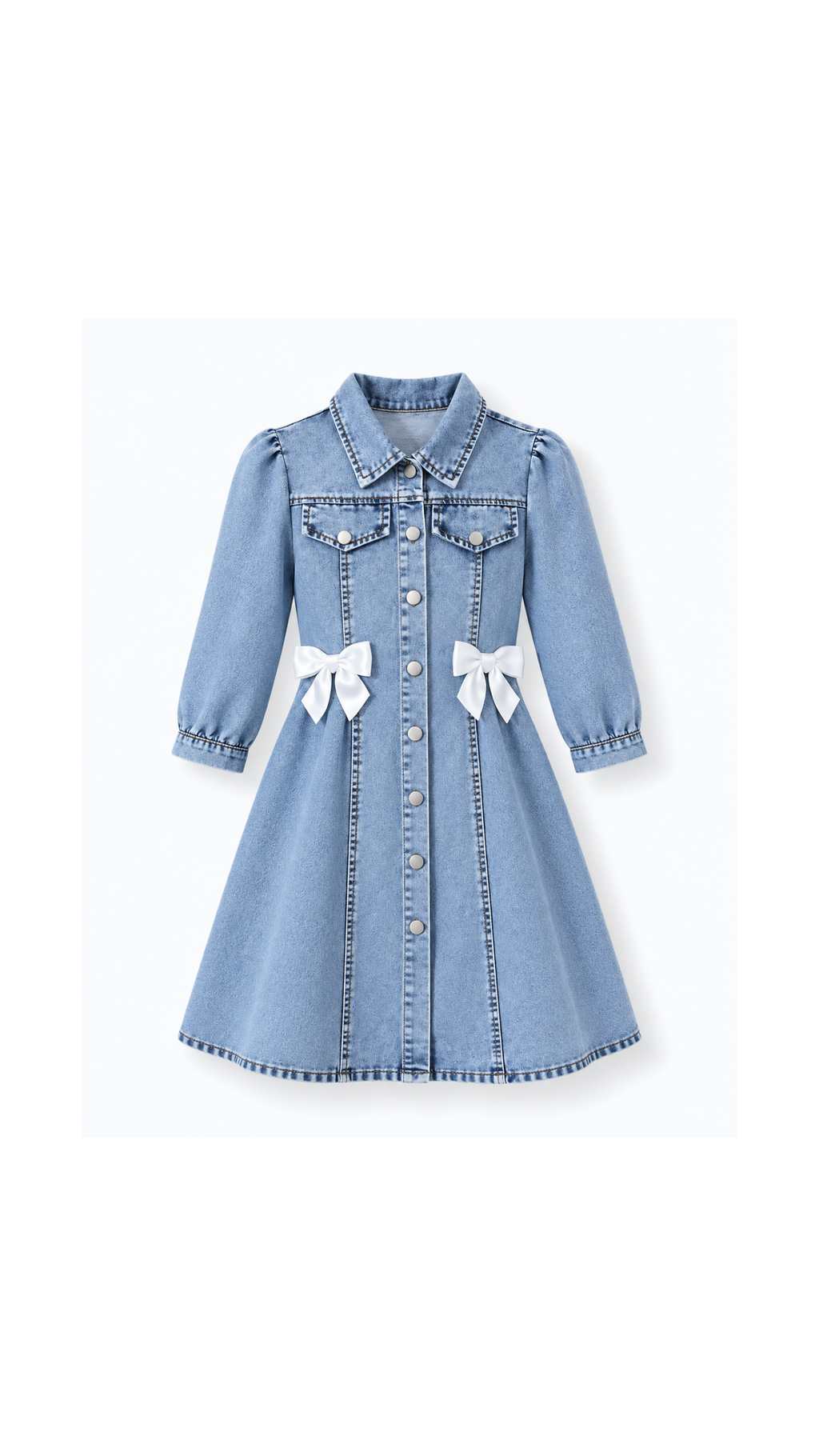 Bow-Detail Button-Front Denim Midi Girl's Dress