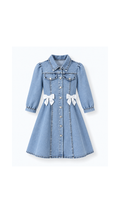 Bow-Detail Button-Front Denim Midi Girl's Dress