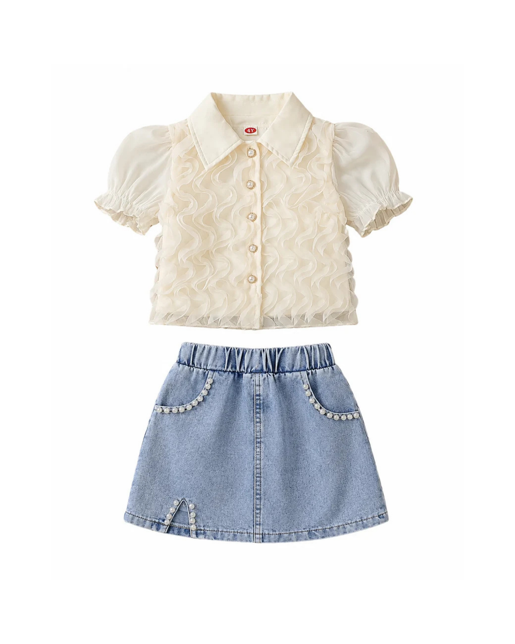 Ruffle Blouse & Beaded Denim Skirt Girl's Set