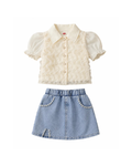Ruffle Blouse & Beaded Denim Skirt Girl's Set