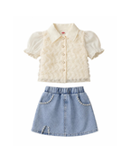 Ruffle Blouse & Beaded Denim Skirt Girl's Set