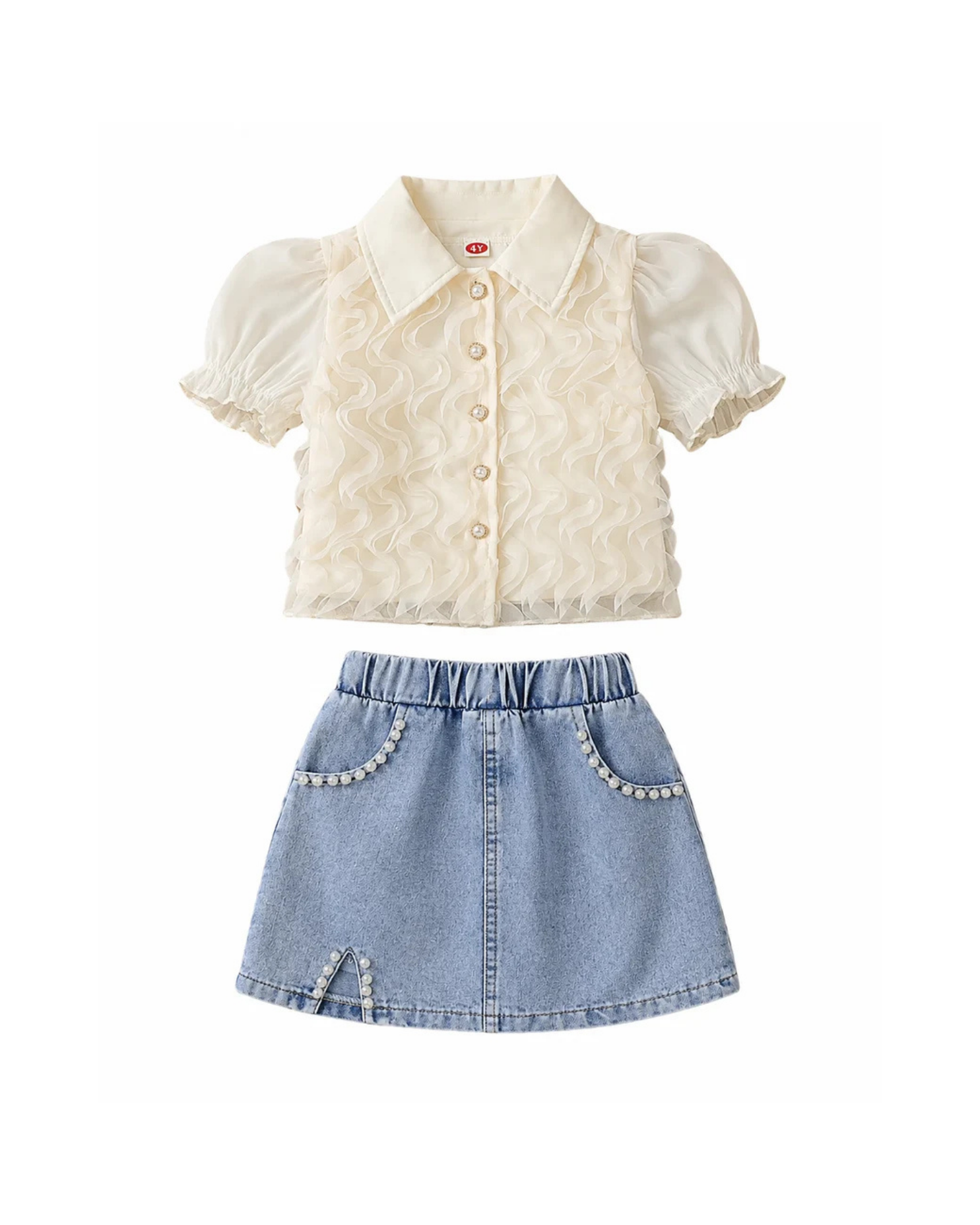 Ruffle Blouse & Beaded Denim Skirt Girl's Set
