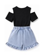 Bow Cold-Shoulder Top & Ruffled Denim Shorts Girl's Set