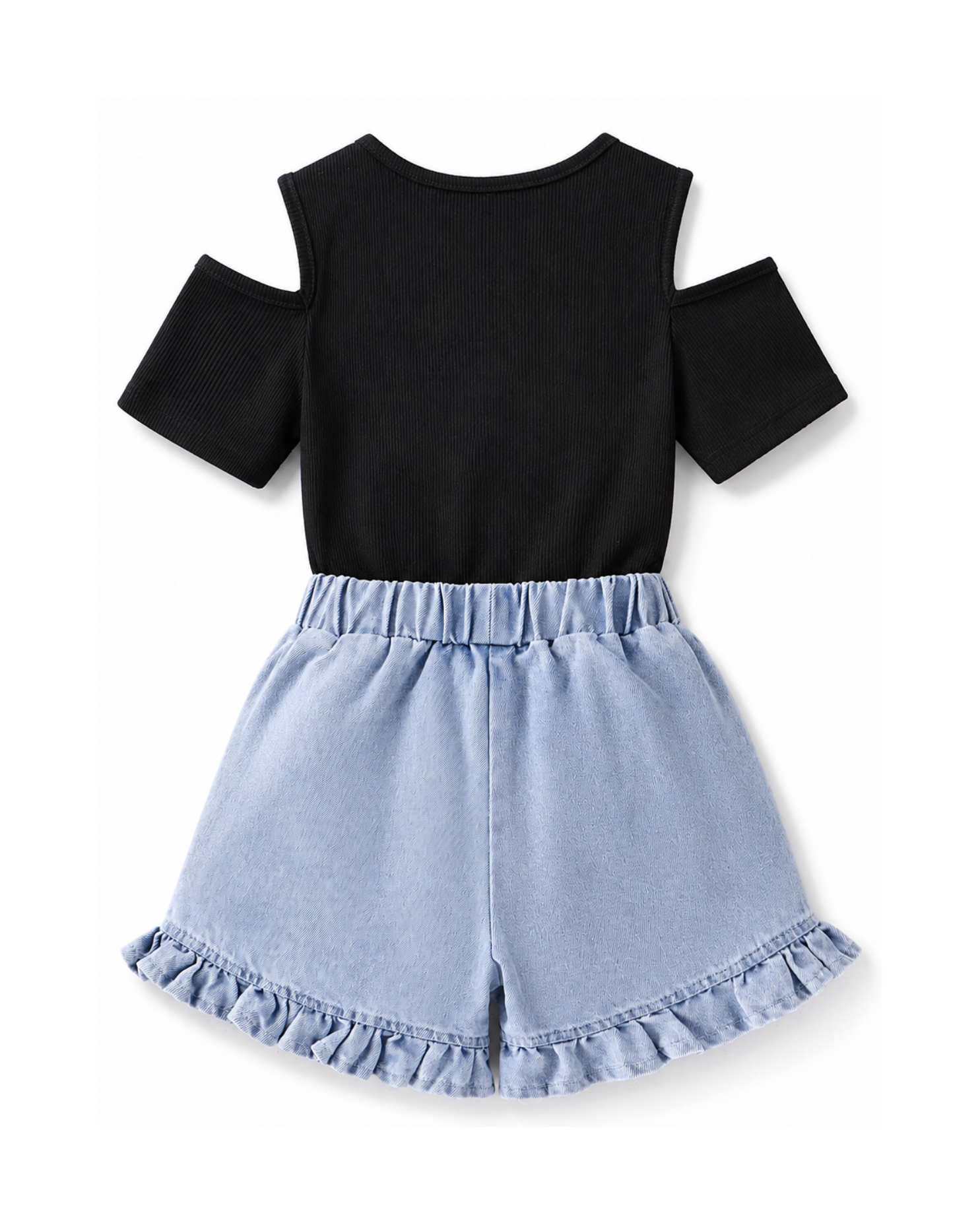 Bow Cold-Shoulder Top & Ruffled Denim Shorts Girl's Set