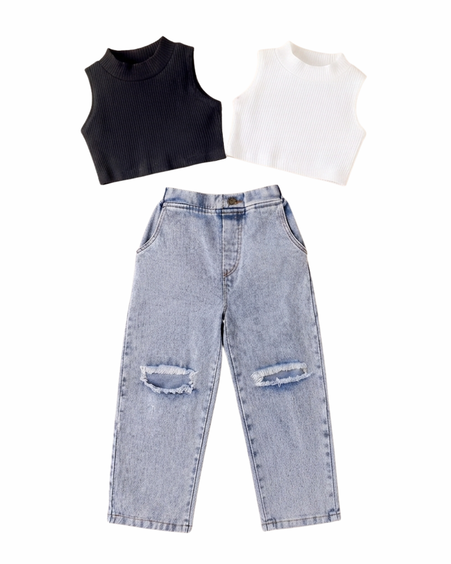 Chic Ribbed Crop Top & Distressed Denim Girl's Set