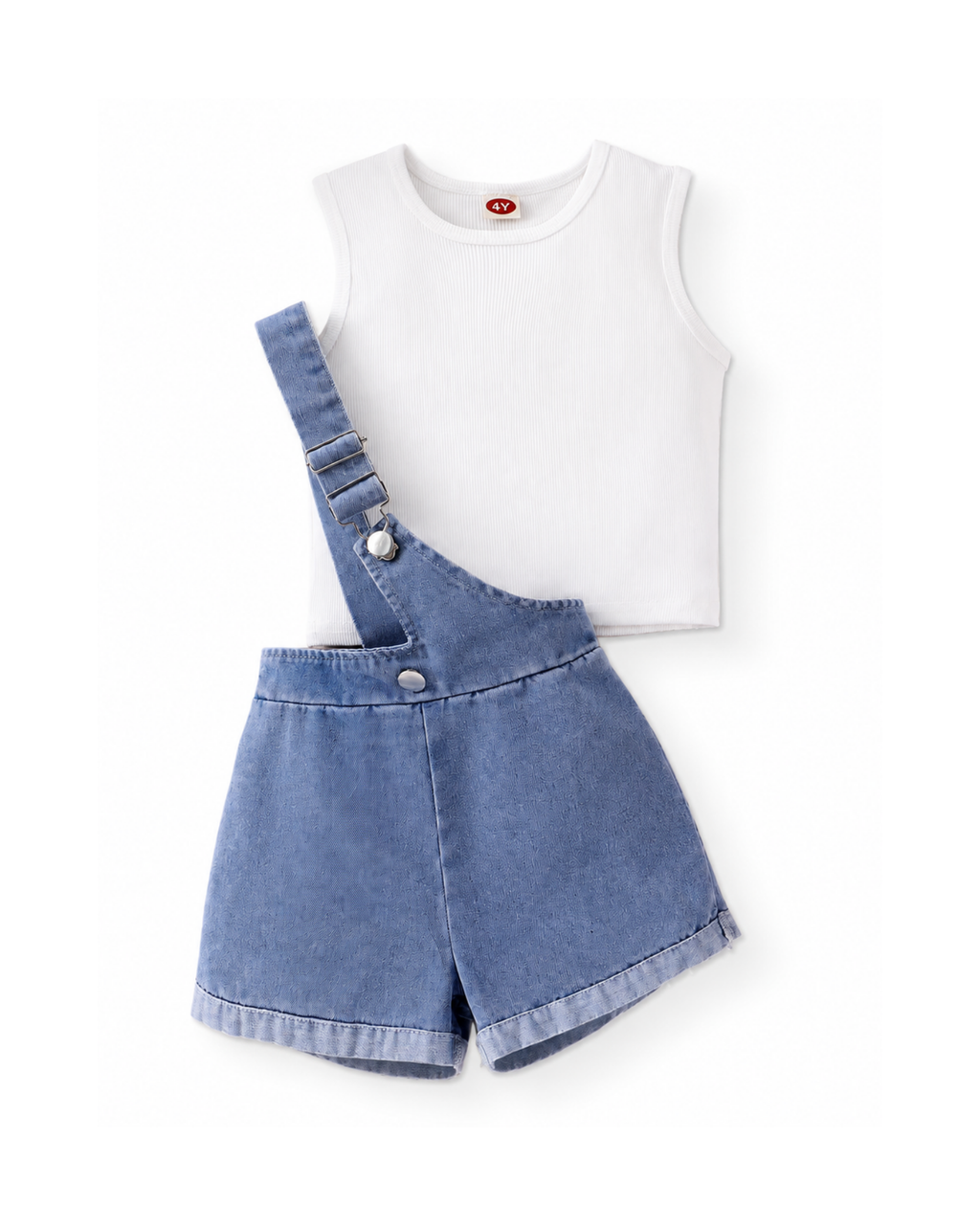Ribbed Tank Top & Denim Overall Shorts Girl's Set