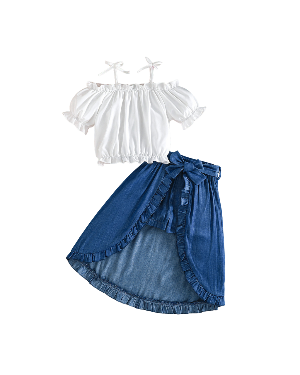 Girls Shoulder Crop Top & Ruffled Denim Skirt Girl's Set