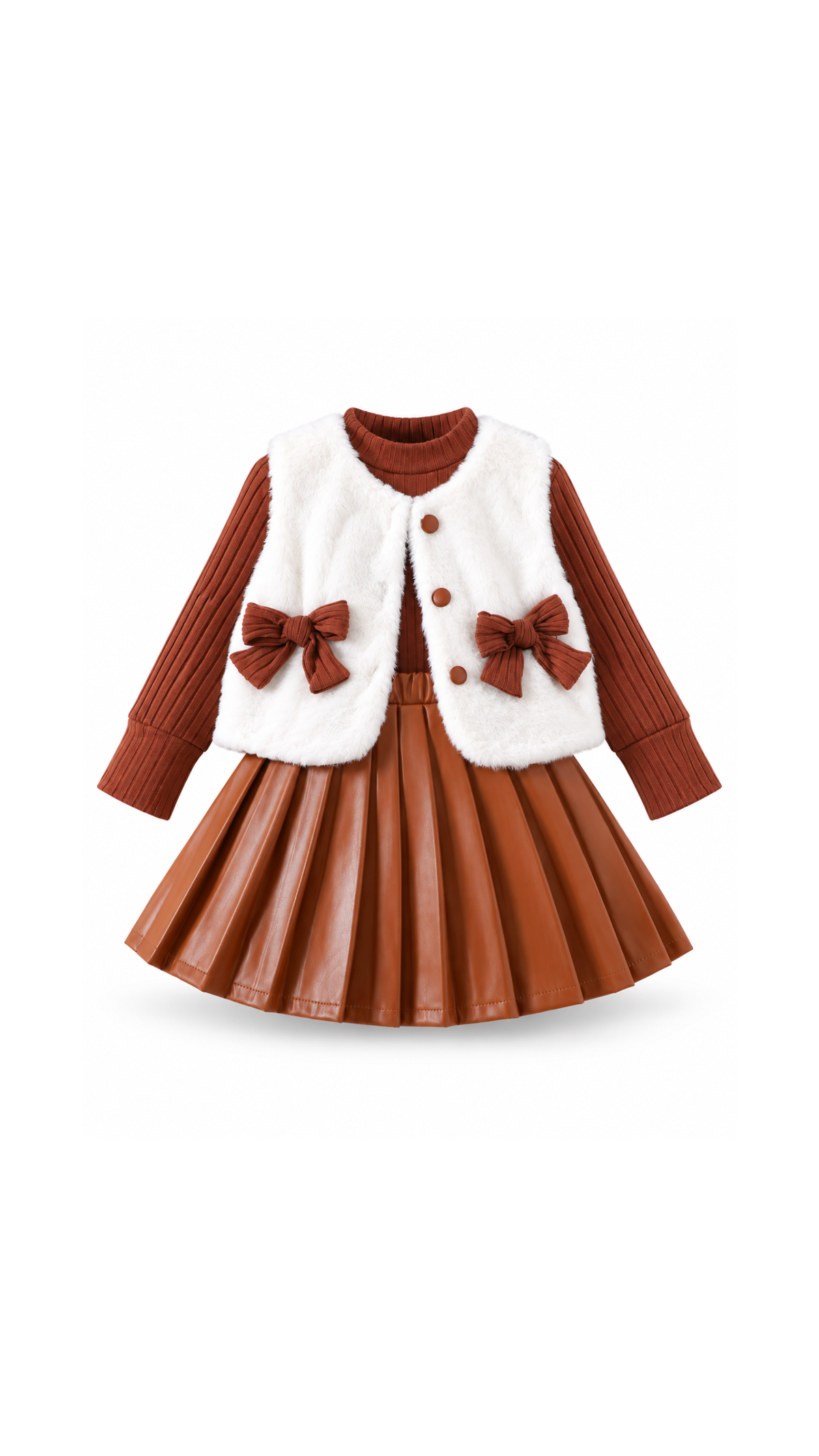 Faux Fur Bow Vest & Pleated Skirt Girl's Set