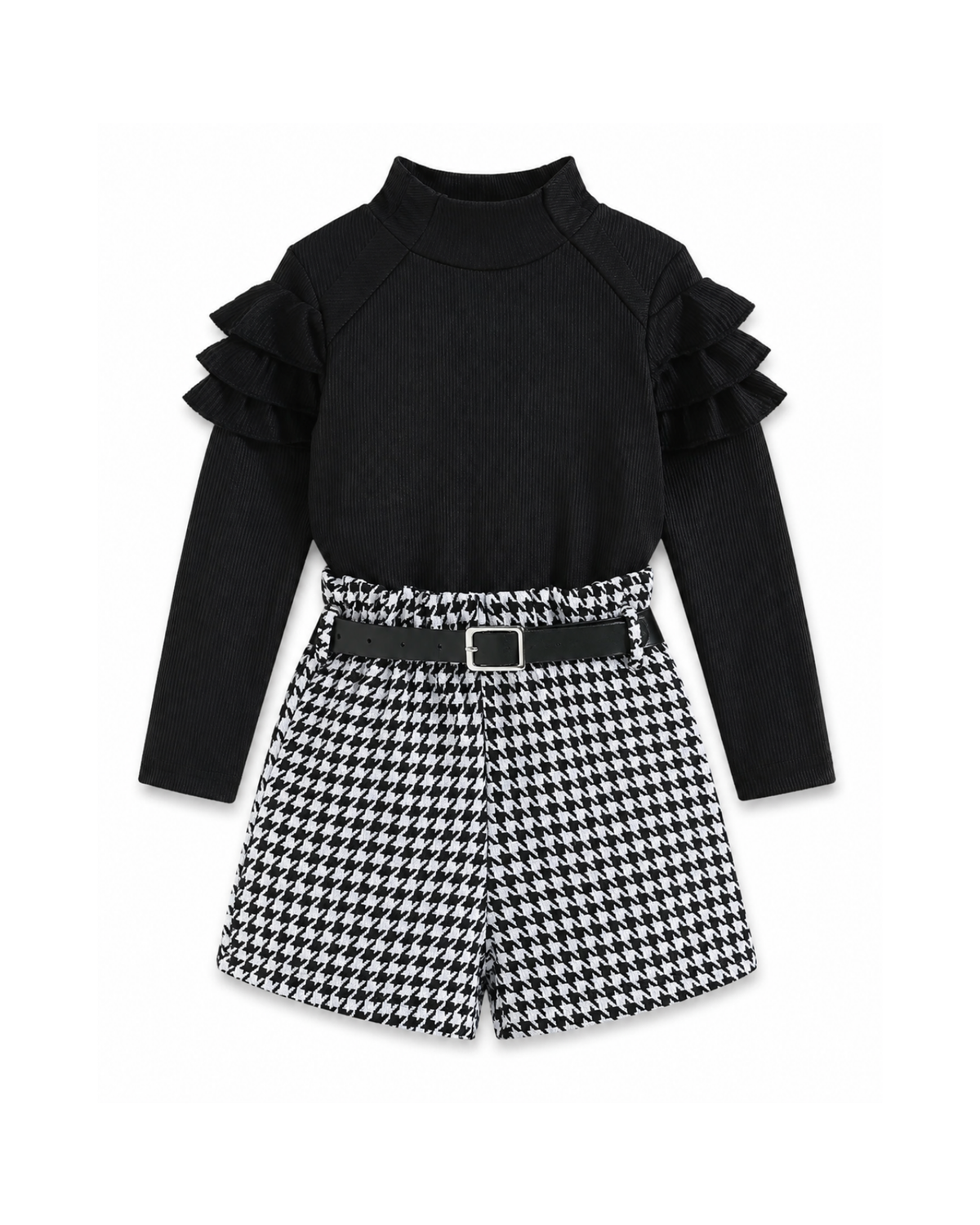 Ruffle Top & Houndstooth Belted Shorts Girl's Set