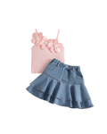 Girls Floral Tank Top & Ruffled Denim Skirt Girl's Set