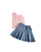 Girls Floral Tank Top & Ruffled Denim Skirt Girl's Set