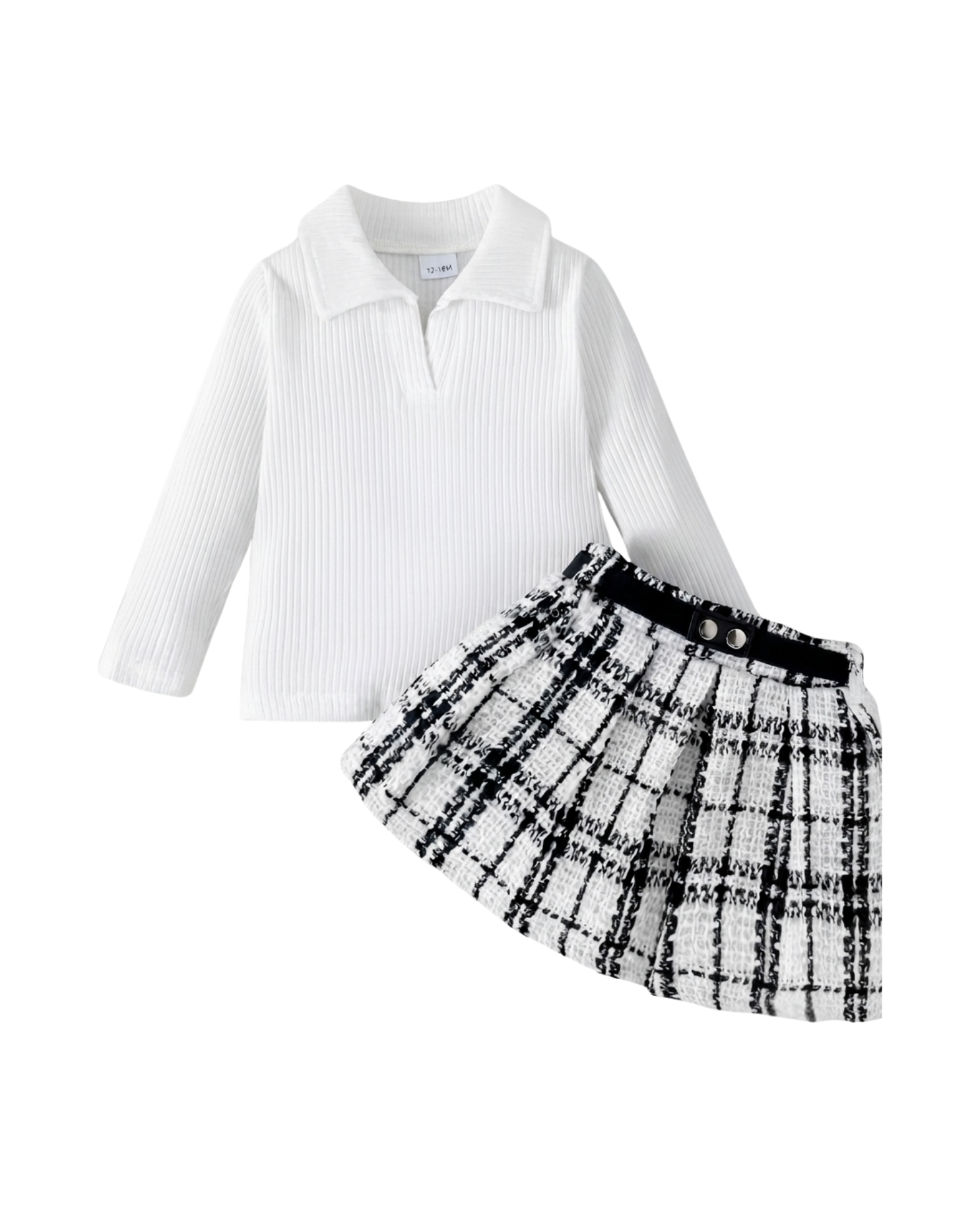 Ribbed Polo Top & Plaid Tweed Skirt Girl's Set