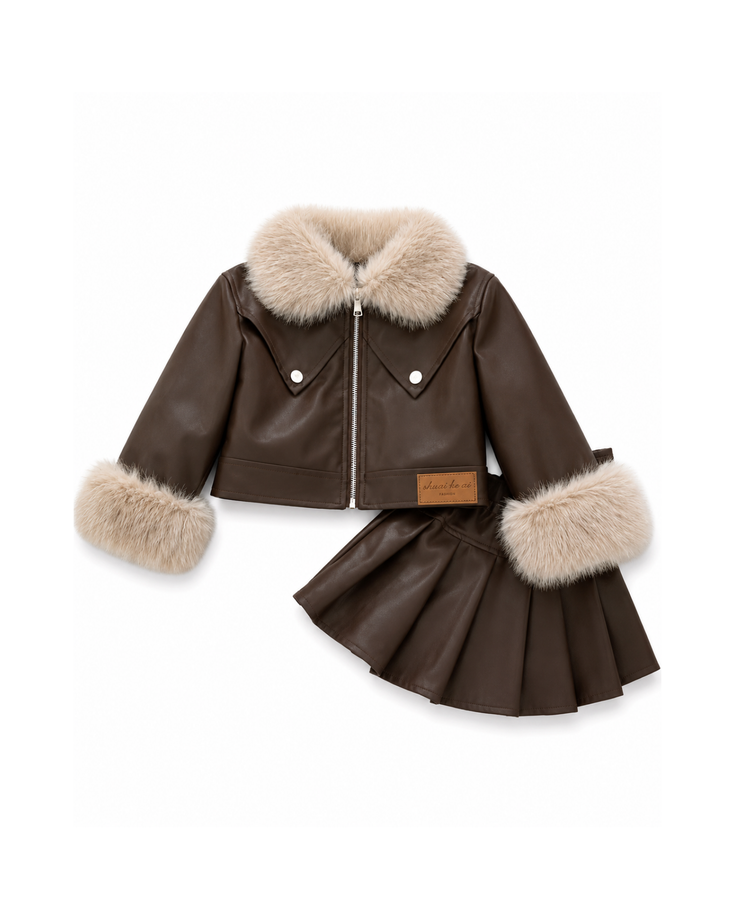 Faux-Leather Fur-Trim Skirt Girl's Set