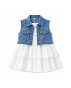 Girls’ White Tiered Dress & Polka-Dot Denim Vest Set