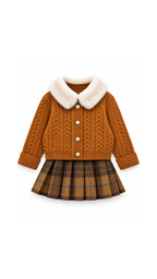 Fur-Collar Cable-Knit Cardigan & Plaid Skirt Girl's Set