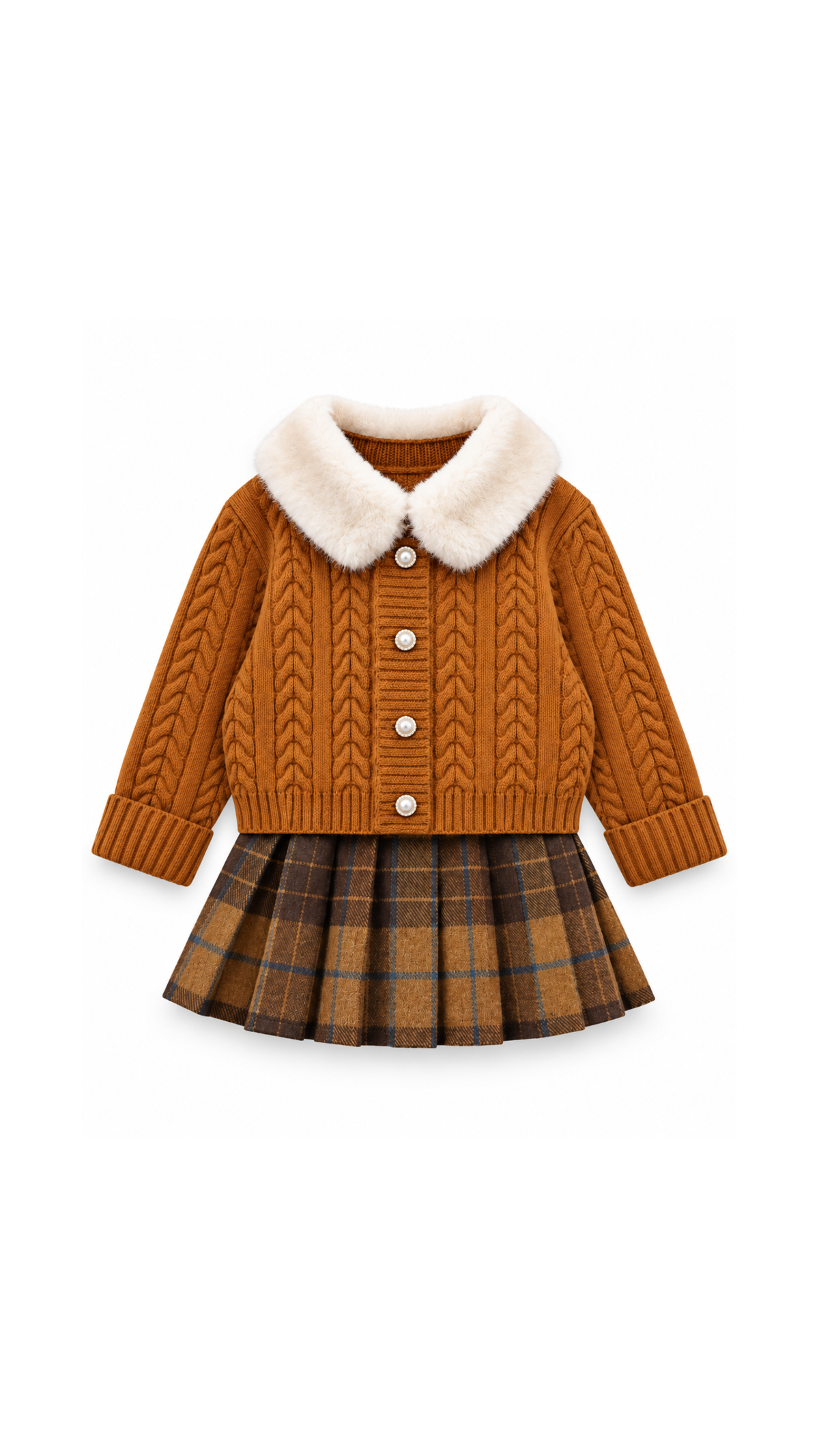 Fur-Collar Cable-Knit Cardigan & Plaid Skirt Girl's Set